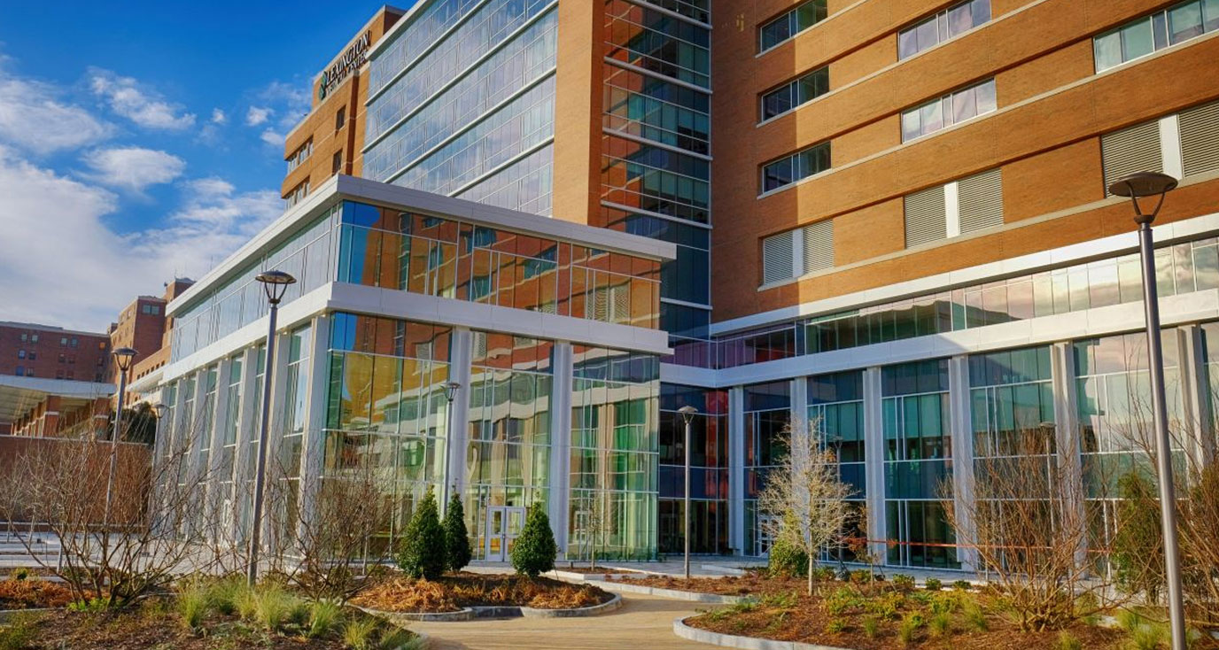 Lexington Medical Center side entrance with sidewalks and nice landscaping.