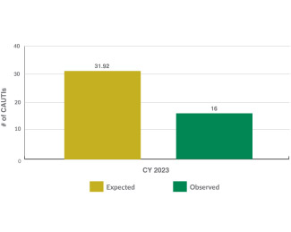 Catheter-Associated Urinary Tract Infections A bar graph to show the expected catheter associated urinary tract infections versus the observed cases in 2023. The hospital expected 31 cases but only observed 16 cases.